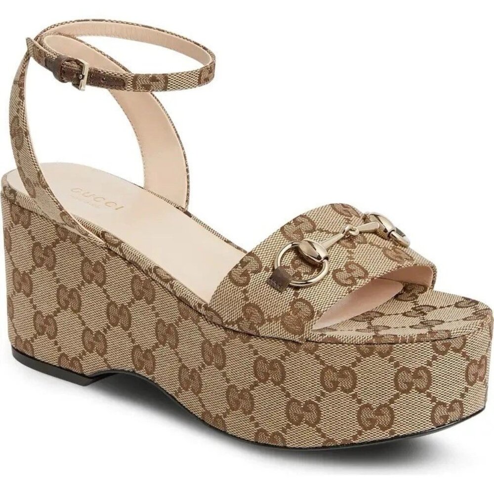 Gucci Women’s Horsebit Platform Wedge Sandals GG Canvas Size 39.5 - Picture 1 of 10
